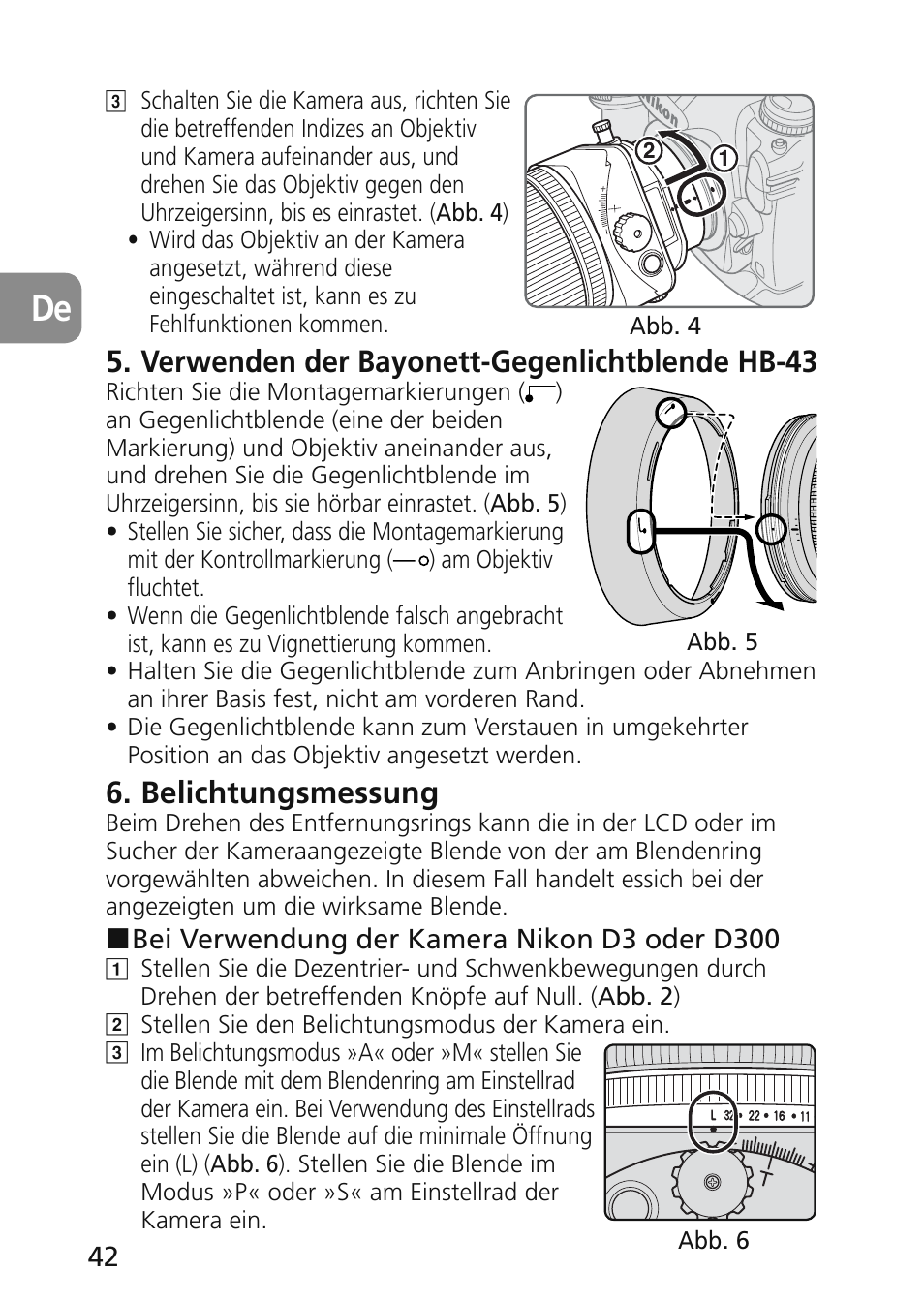 Verwenden der bayonett-gegenlichtblende hb-43, Belichtungsmessung | Nikon 45mm-f-28D-ED-PC-E-Nikkor User Manual | Page 42 / 252