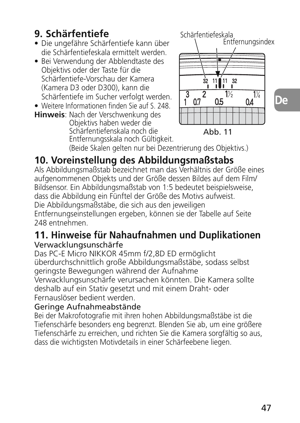 Schärfentiefe, Voreinstellung des abbildungsmaßstabs, Hinweise für nahaufnahmen und duplikationen | Nikon 45mm-f-28D-ED-PC-E-Nikkor User Manual | Page 47 / 252