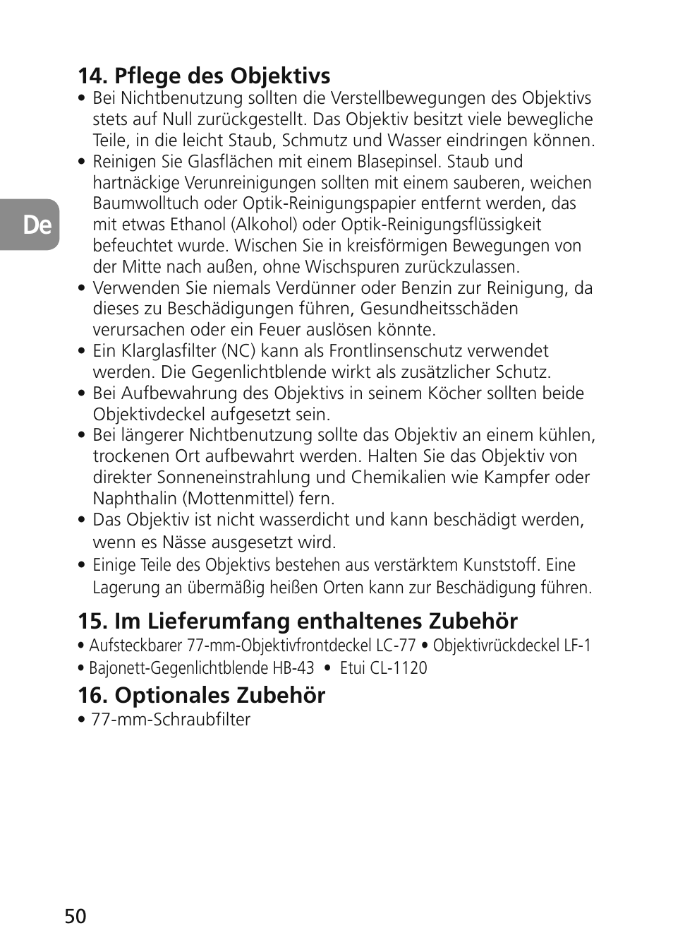 Pflege des objektivs, Im lieferumfang enthaltenes zubehör, Optionales zubehör | Nikon 45mm-f-28D-ED-PC-E-Nikkor User Manual | Page 50 / 252