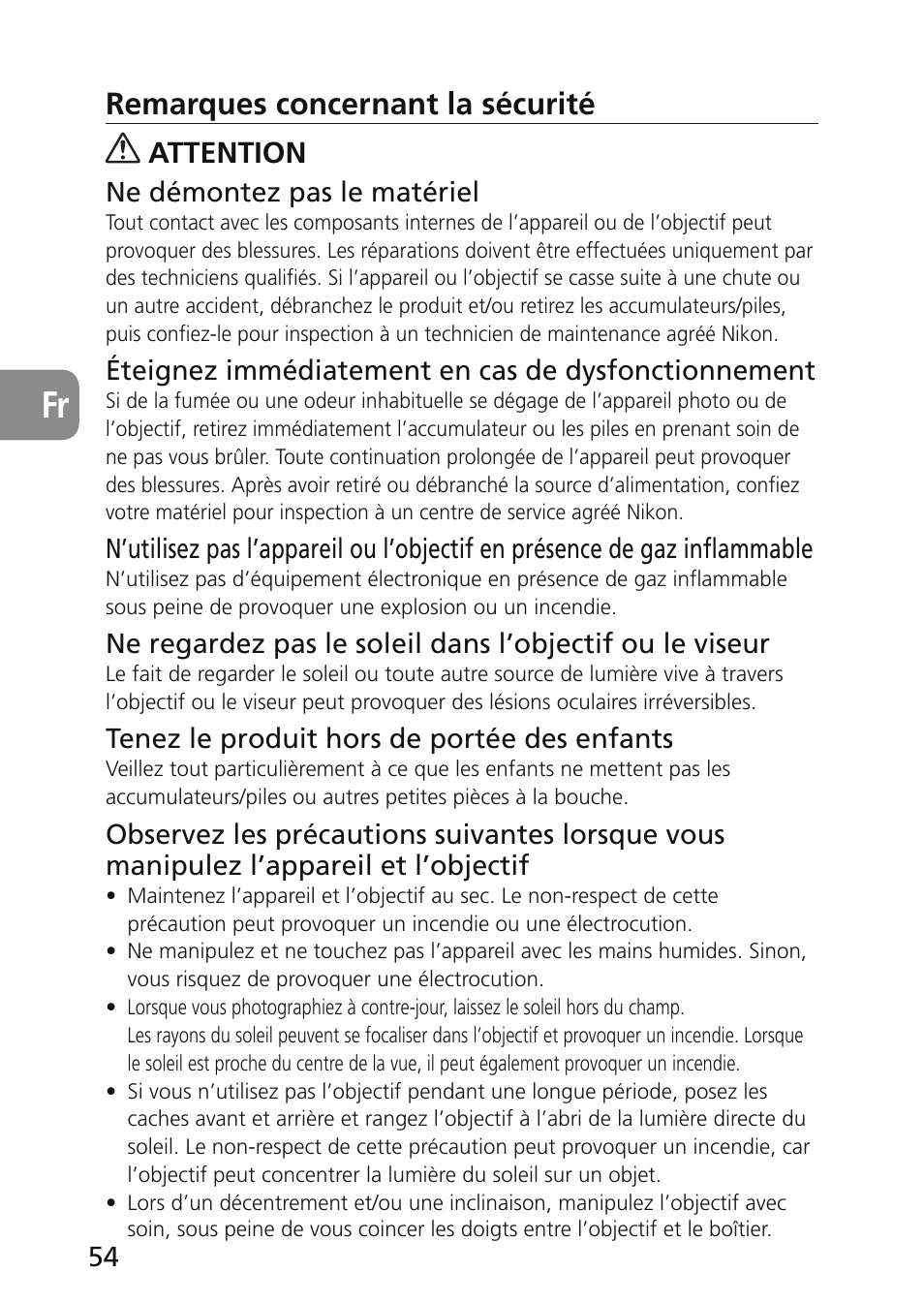 Remarques concernant la sécurité, Attention | Nikon 45mm-f-28D-ED-PC-E-Nikkor User Manual | Page 54 / 252