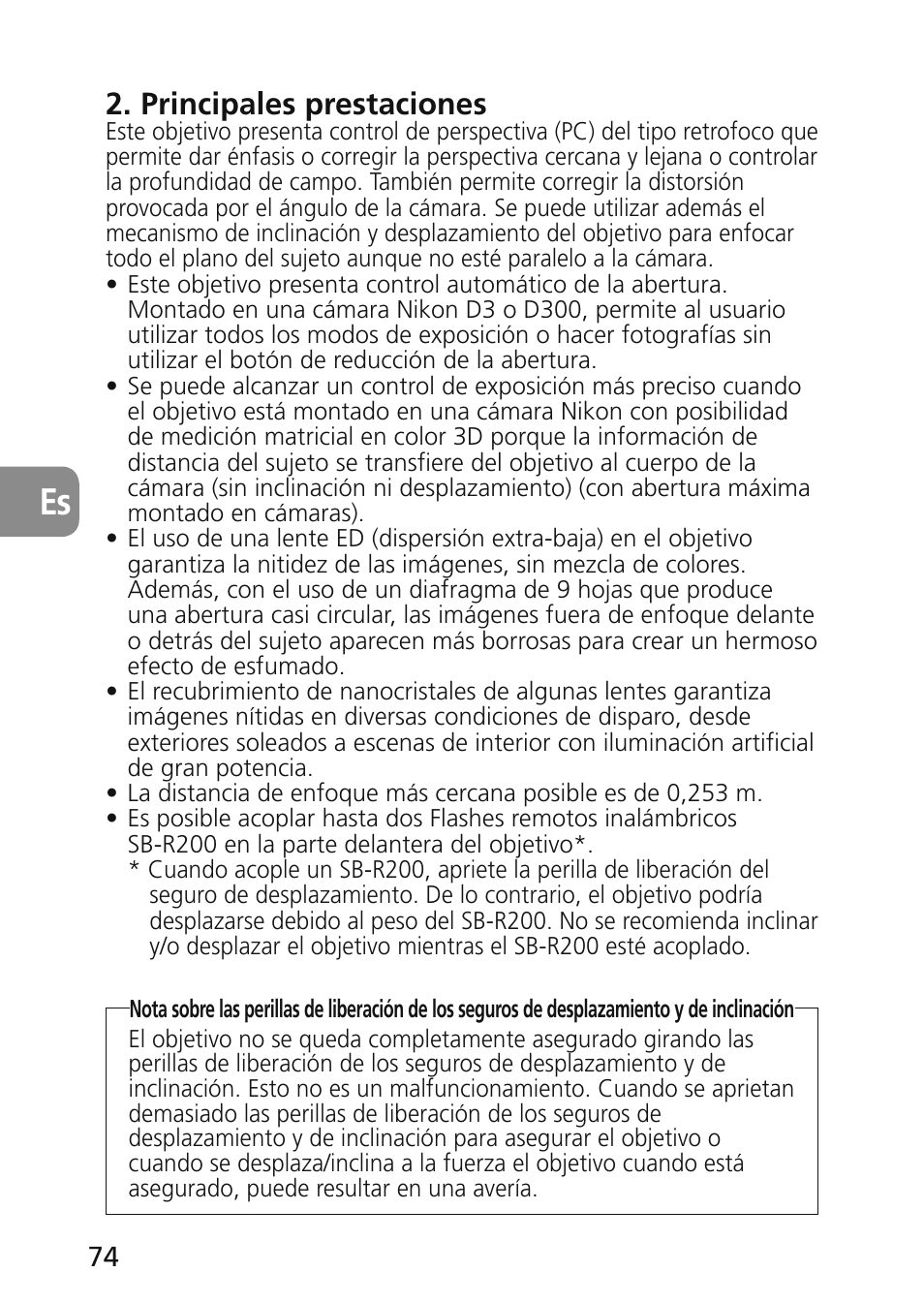 Principales prestaciones | Nikon 45mm-f-28D-ED-PC-E-Nikkor User Manual | Page 74 / 252