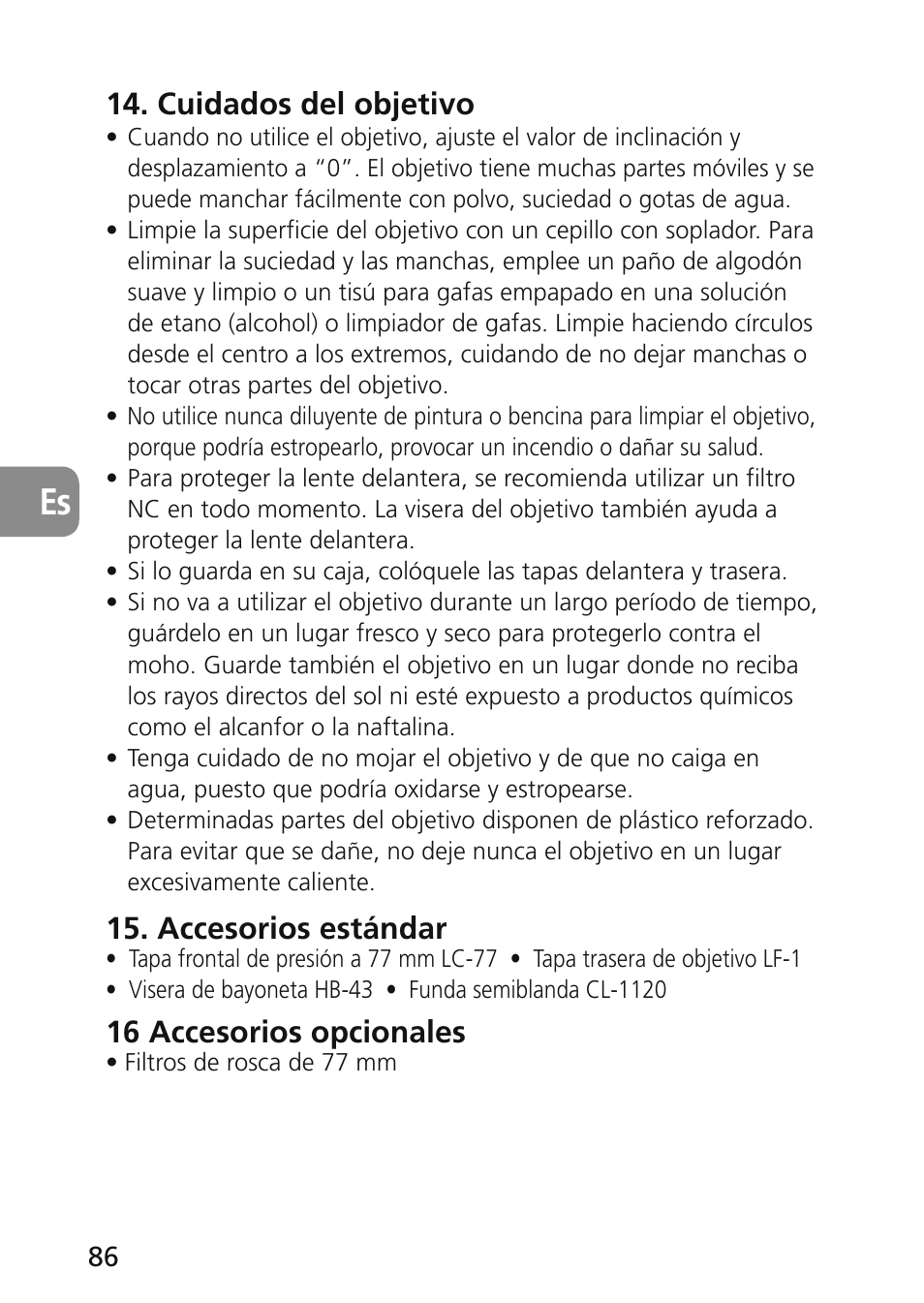 Cuidados del objetivo, Accesorios estándar, 16 accesorios opcionales | Nikon 45mm-f-28D-ED-PC-E-Nikkor User Manual | Page 86 / 252