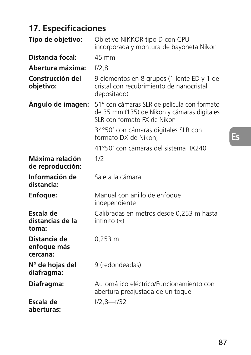 Especificaciones | Nikon 45mm-f-28D-ED-PC-E-Nikkor User Manual | Page 87 / 252