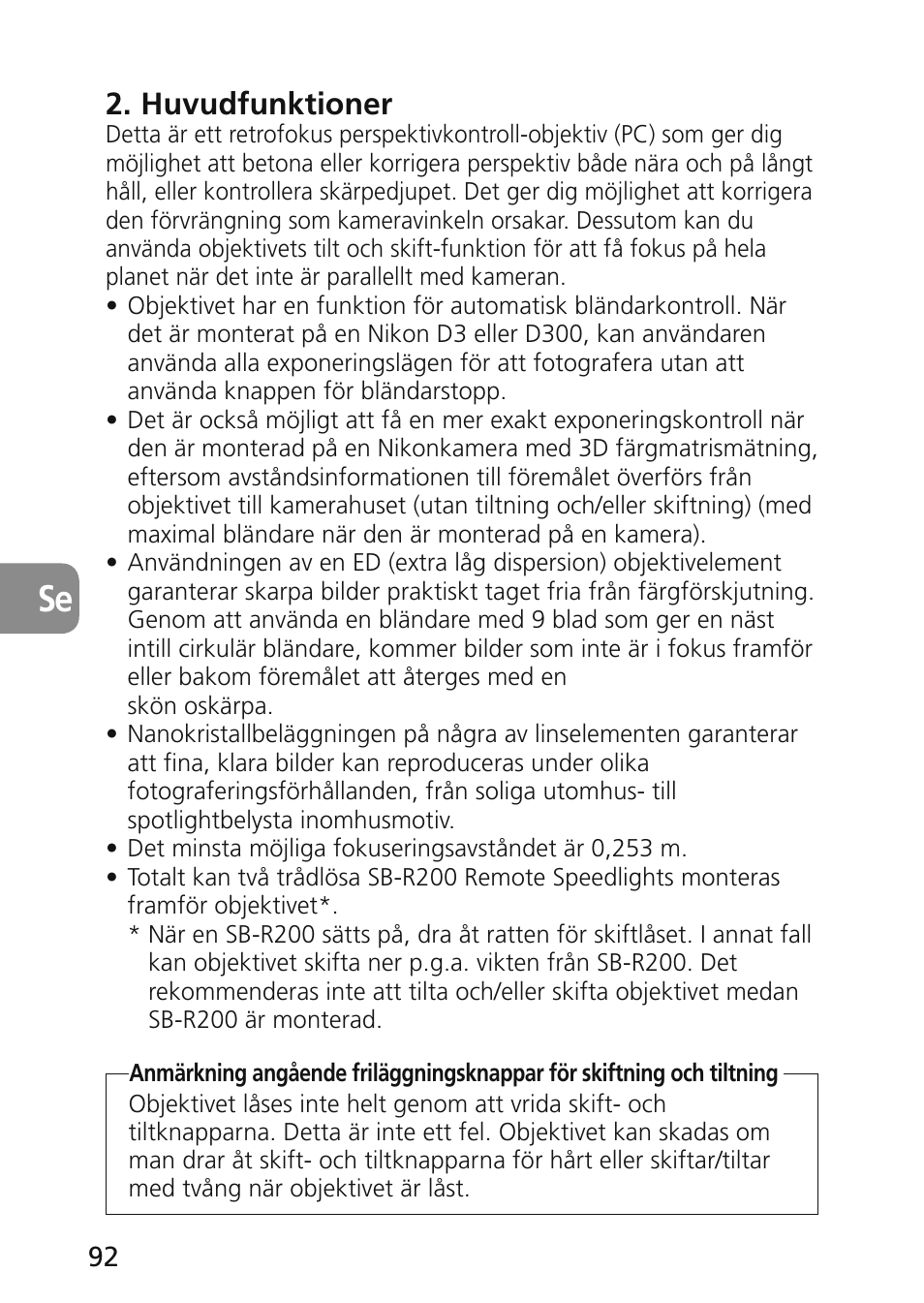 Huvudfunktioner | Nikon 45mm-f-28D-ED-PC-E-Nikkor User Manual | Page 92 / 252