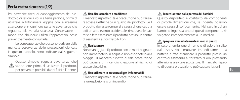 Per la vostra sicurezza, Per la vostra sicurezza (1/2) | Nikon Autre-télécommande User Manual | Page 167 / 236
