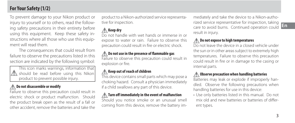 For your safety, For your safety (1/2) | Nikon Autre-télécommande User Manual | Page 23 / 236