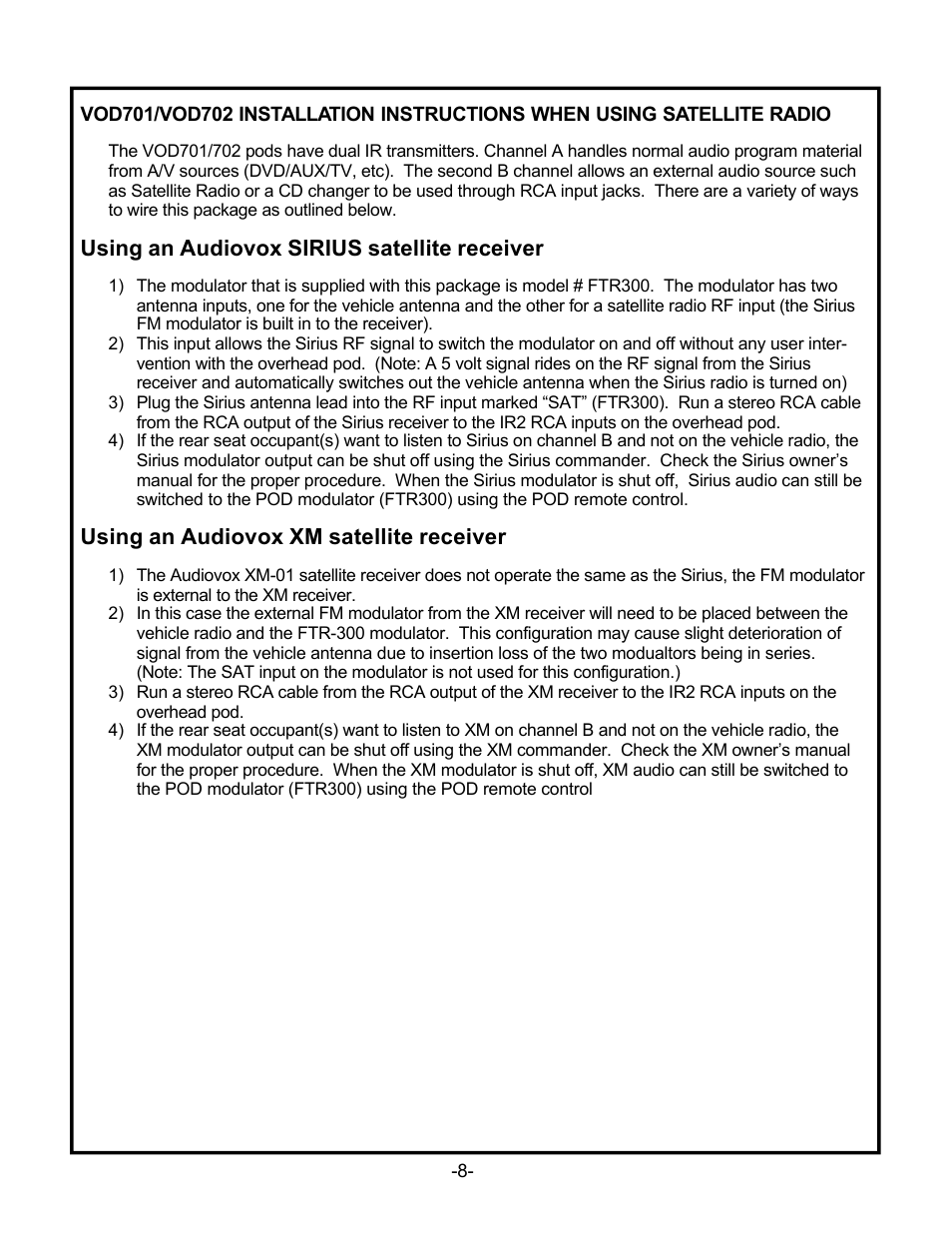 Using an audiovox sirius satellite receiver, Using an audiovox xm satellite receiver | Audiovox VOD701 User Manual | Page 10 / 13