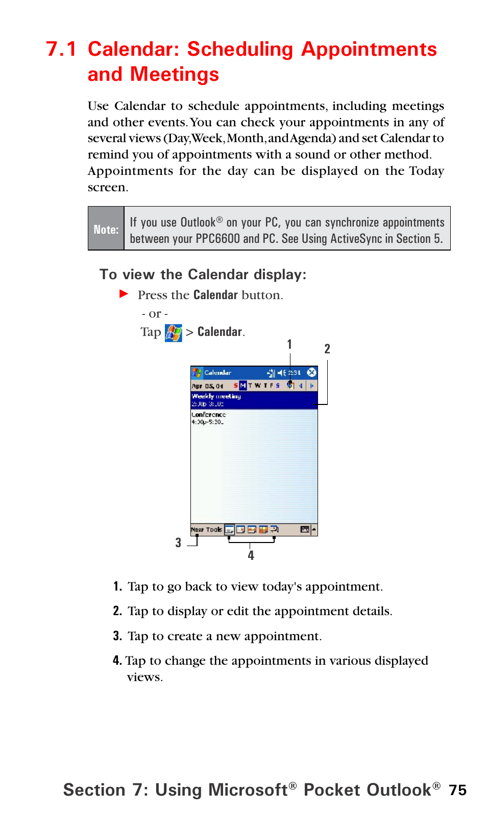 1 calendar: scheduling appointments and meetings, 1 calendar, Pocket outlook | Audiovox PPC6600 User Manual | Page 80 / 195