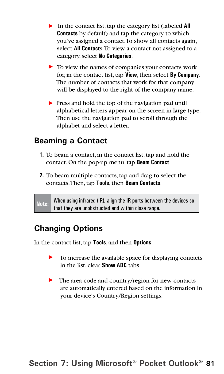 Pocket outlook, Beaming a contact, Changing options | Audiovox PPC6600 User Manual | Page 86 / 195