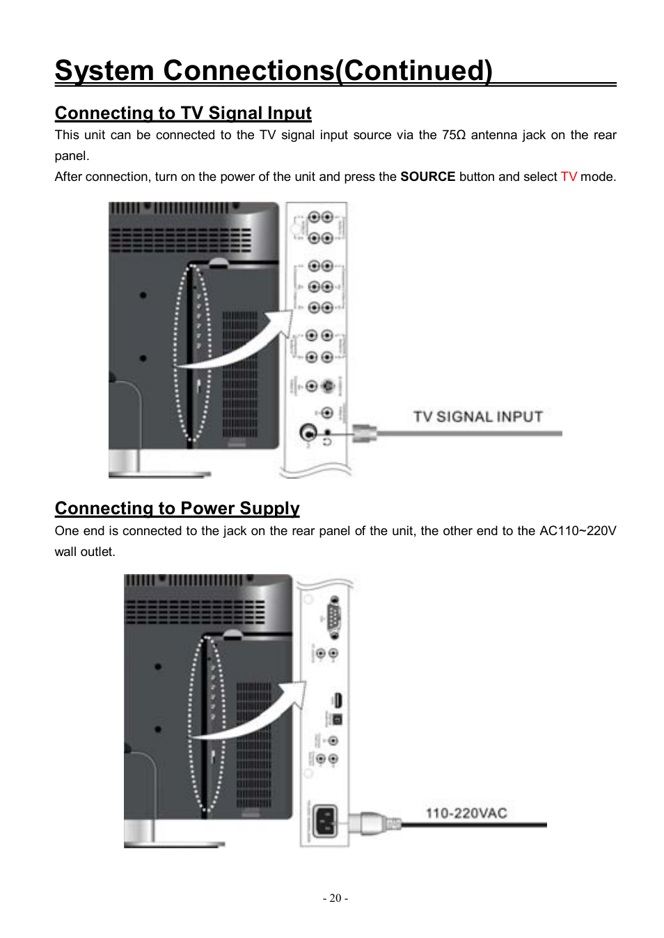 System connections(continued), Connecting to tv signal input, Connecting to power supply | Audiovox FPE3206DV User Manual | Page 21 / 45