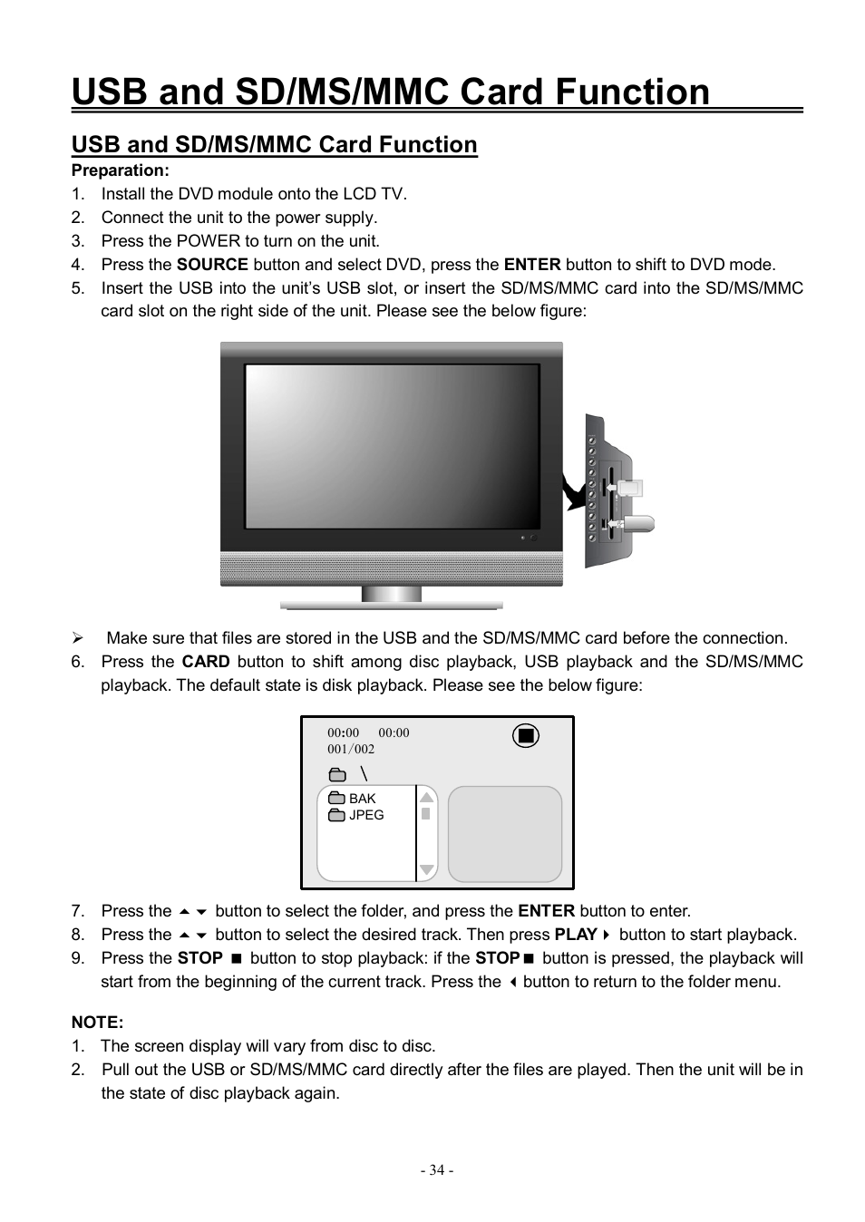 Usb and sd/ms/mmc card function | Audiovox FPE3206DV User Manual | Page 35 / 45