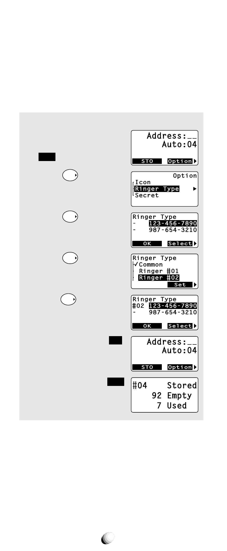 Address: auto:04, Three times. 2. press, And scroll to “ ringer type ”. 3. press | Press the key under | Audiovox CDM-9100 User Manual | Page 40 / 107