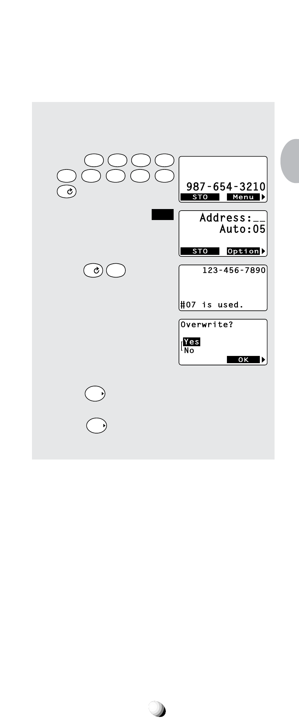 Overwrite warning, Address: auto:05, Press the key under | Three times. 3. enter, The screen returns to the step 2 again | Audiovox CDM-9100 User Manual | Page 41 / 107