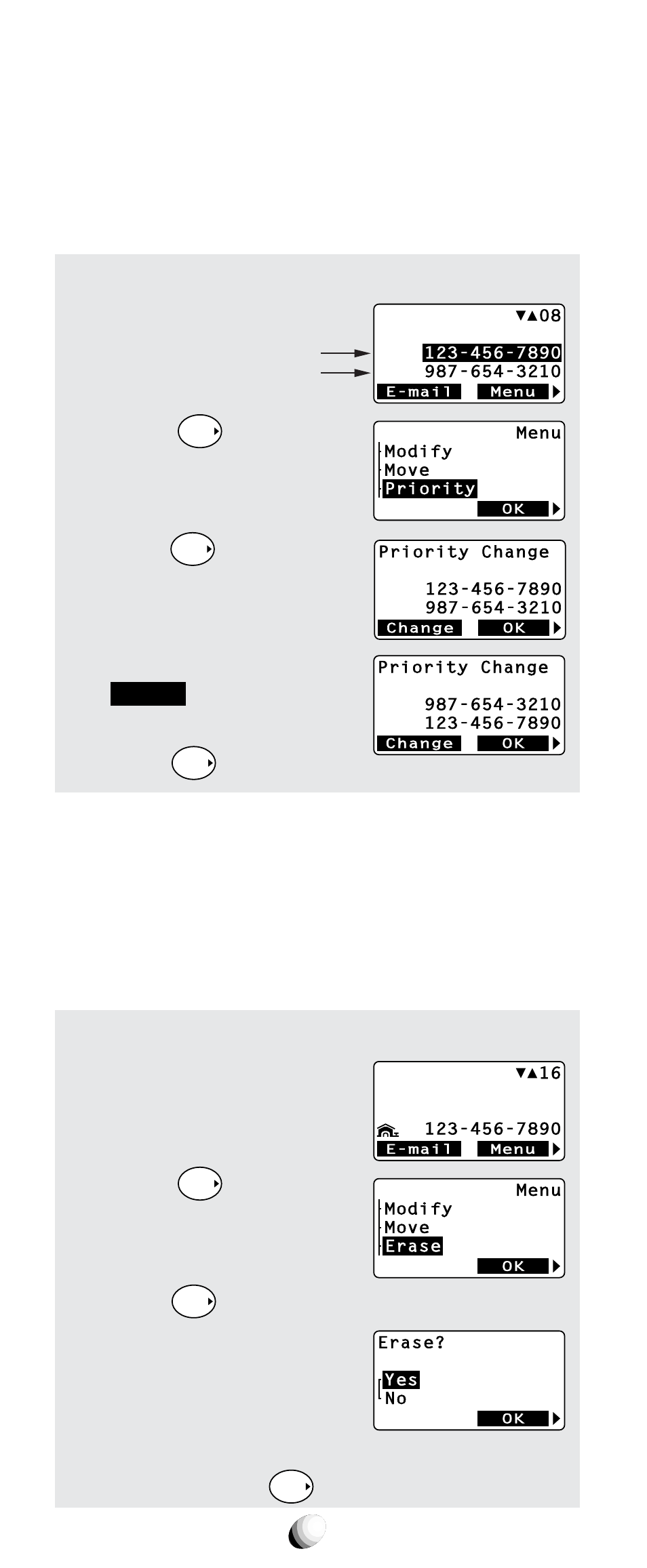 And scroll to “ priority ”. 3. press, Press the key under, The new priority is displayed. 5. press | And scroll to “ erase ”. 3. press | Audiovox CDM-9100 User Manual | Page 48 / 107