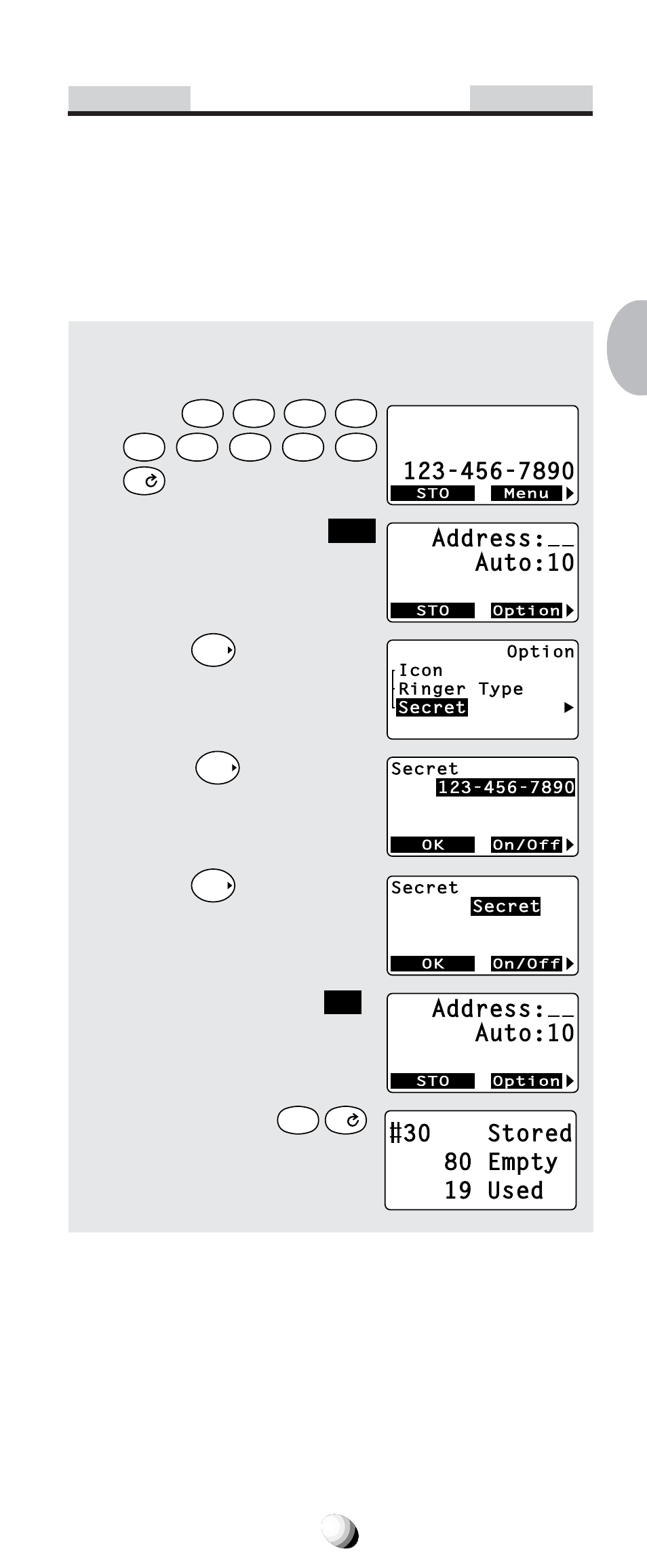 Address: auto:10, Press the key under, Three times. 3. press | And scroll to “ secret ”. 4. press, Enter an address | Audiovox CDM-9100 User Manual | Page 49 / 107