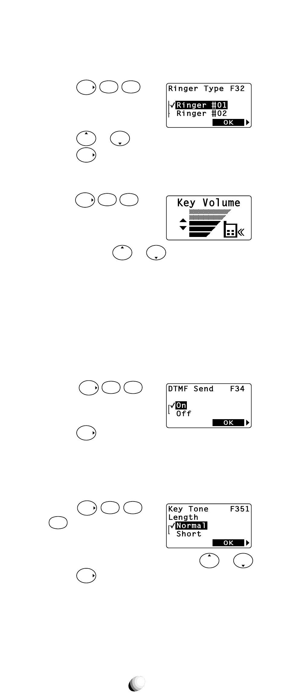 Ringer type selection (f32), Key tone volume control (f33), Sending dtmf (f34) | Key tone length (f35-1), Normal mode, Short mode, Key volume, Press or to select the ringer tone. 3. press, Press, Scroll to “ on ” or “ off ” to se- lect. 3. press | Audiovox CDM-9100 User Manual | Page 74 / 107