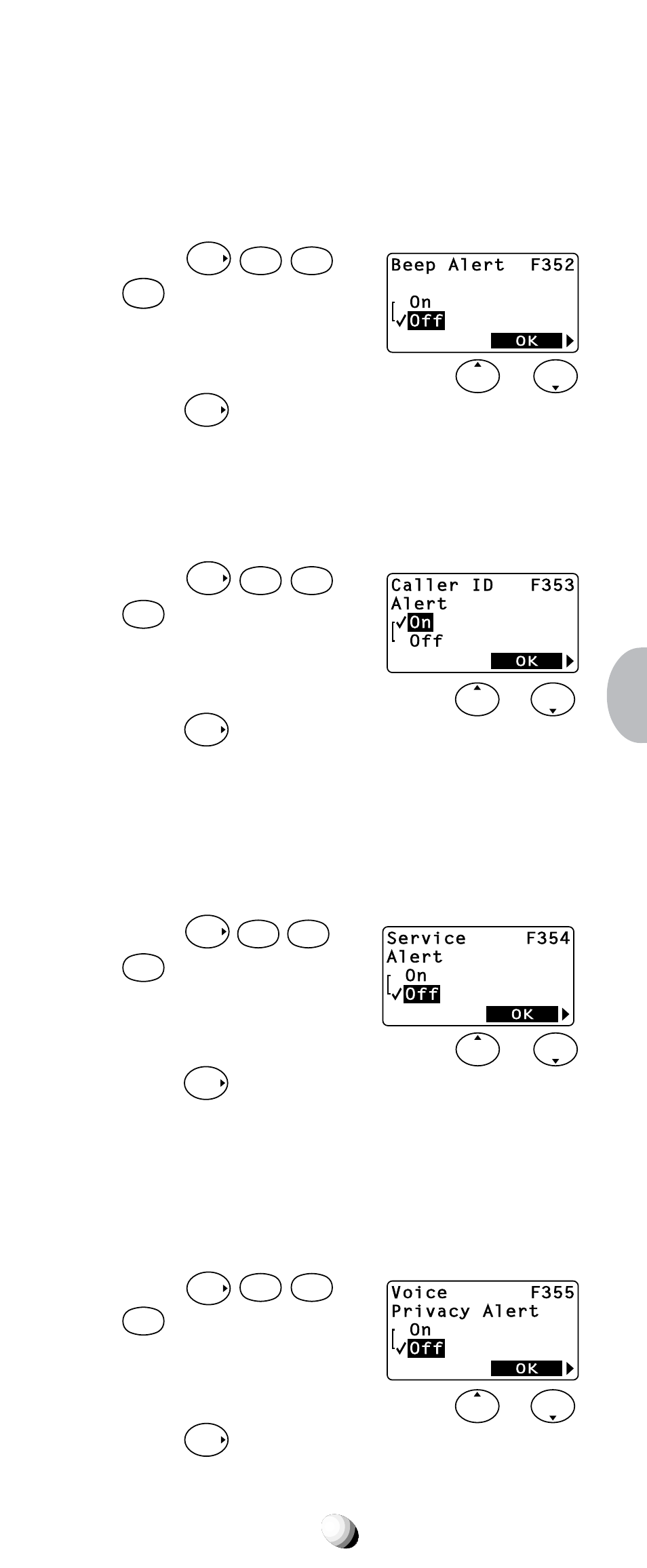 Single alert beep tone (f35-2), Caller id alert (f35-3), Service mode alert (f35-4) | Voice privacy alert (f35-5), You can turn this feature on/off by or . 3. press | Audiovox CDM-9100 User Manual | Page 75 / 107
