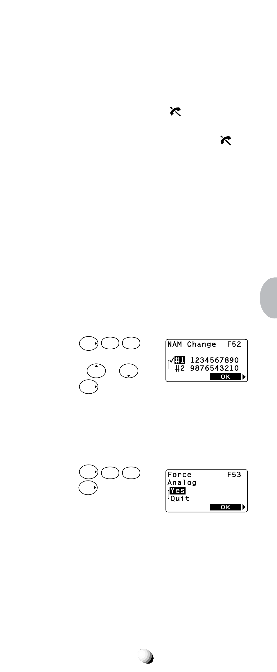 Nam selection (f52), Force analog call (f53) | Audiovox CDM-9100 User Manual | Page 81 / 107