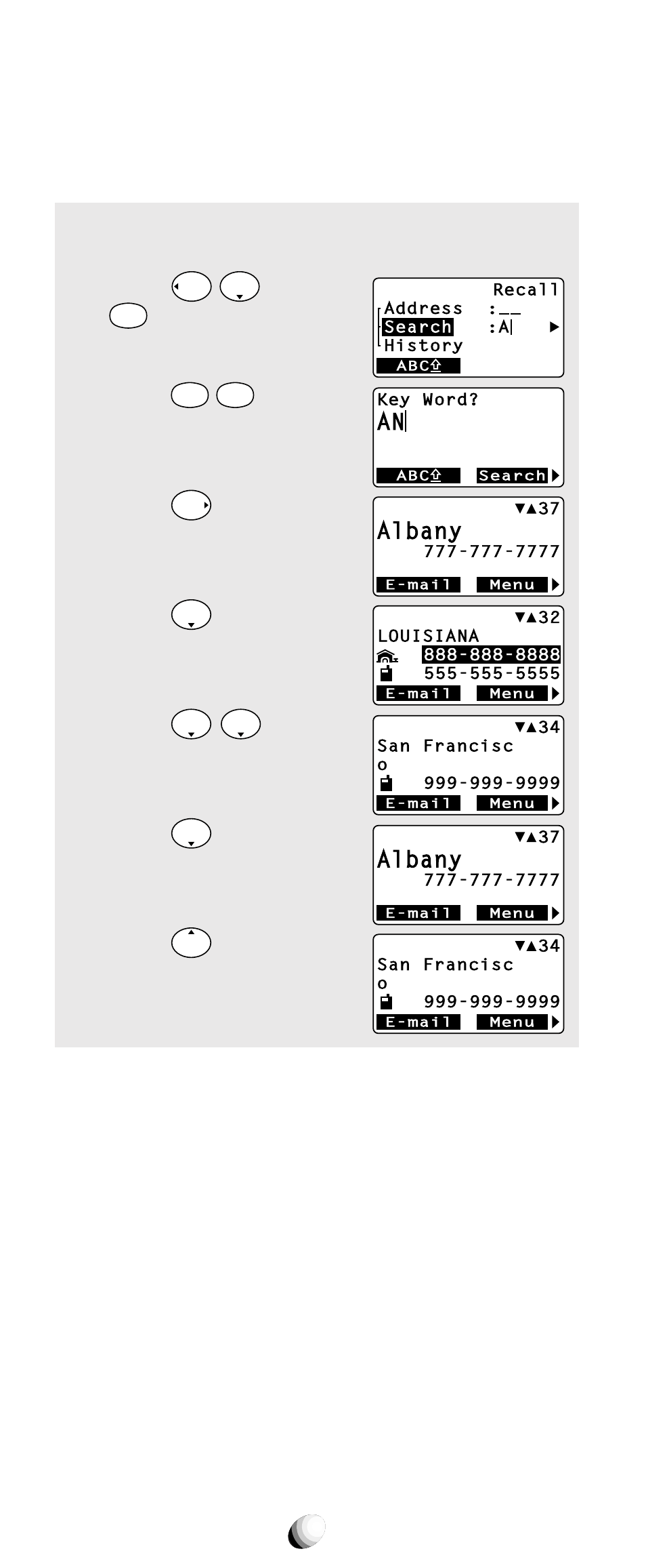 Phonebook key word search mode, Albany, And press | For “ a ”. 2. press, For “ n ”. 3. press, Press . 5. press . 6. press . 7. press | Audiovox CDM-9150X User Manual | Page 44 / 107