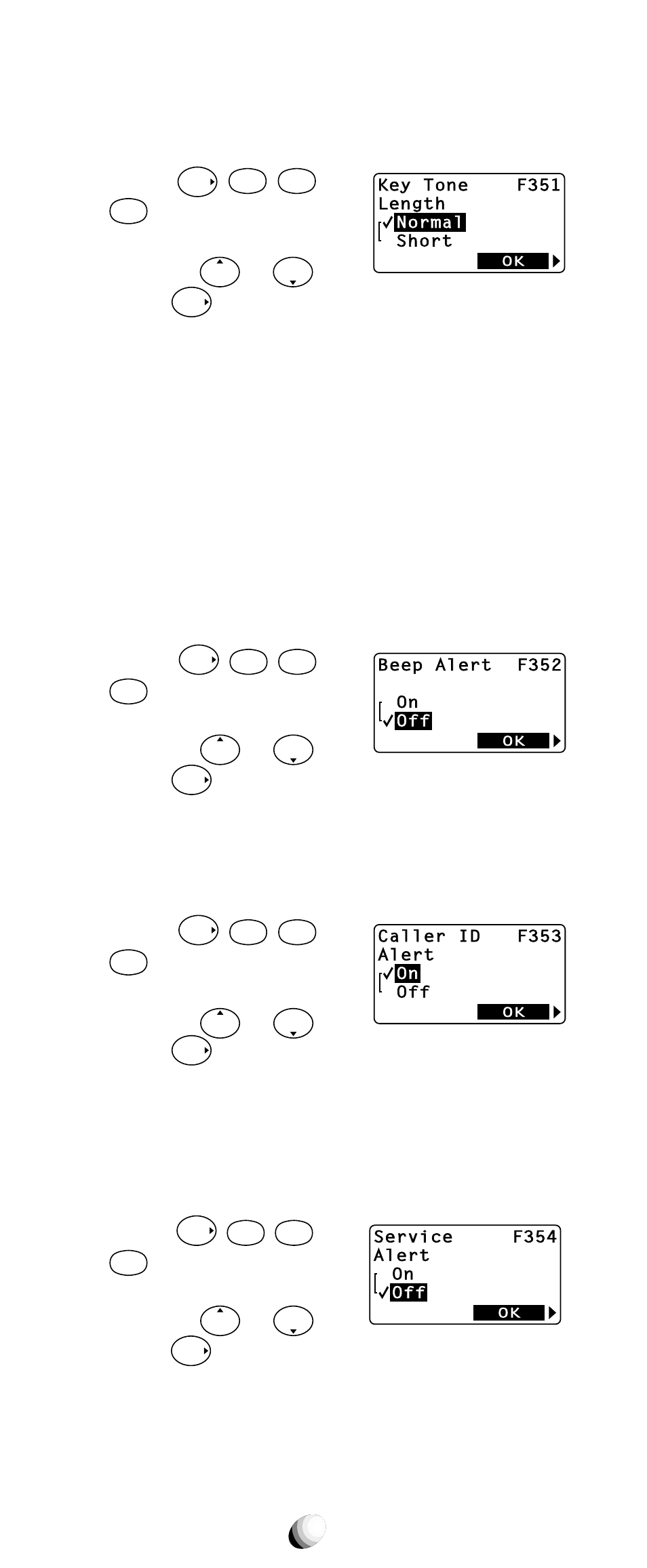 Key tone length (f35-1), Single alert beep tone (f35-2), Caller id alert (f35-3) | Service mode alert (f35-4), Normal mode, Short mode, You can change the current mode by or . 3. press, Tone is heard as long as the key is being pressed, You can turn this feature on/off by or . 3. press | Audiovox CDM-9150X User Manual | Page 76 / 107