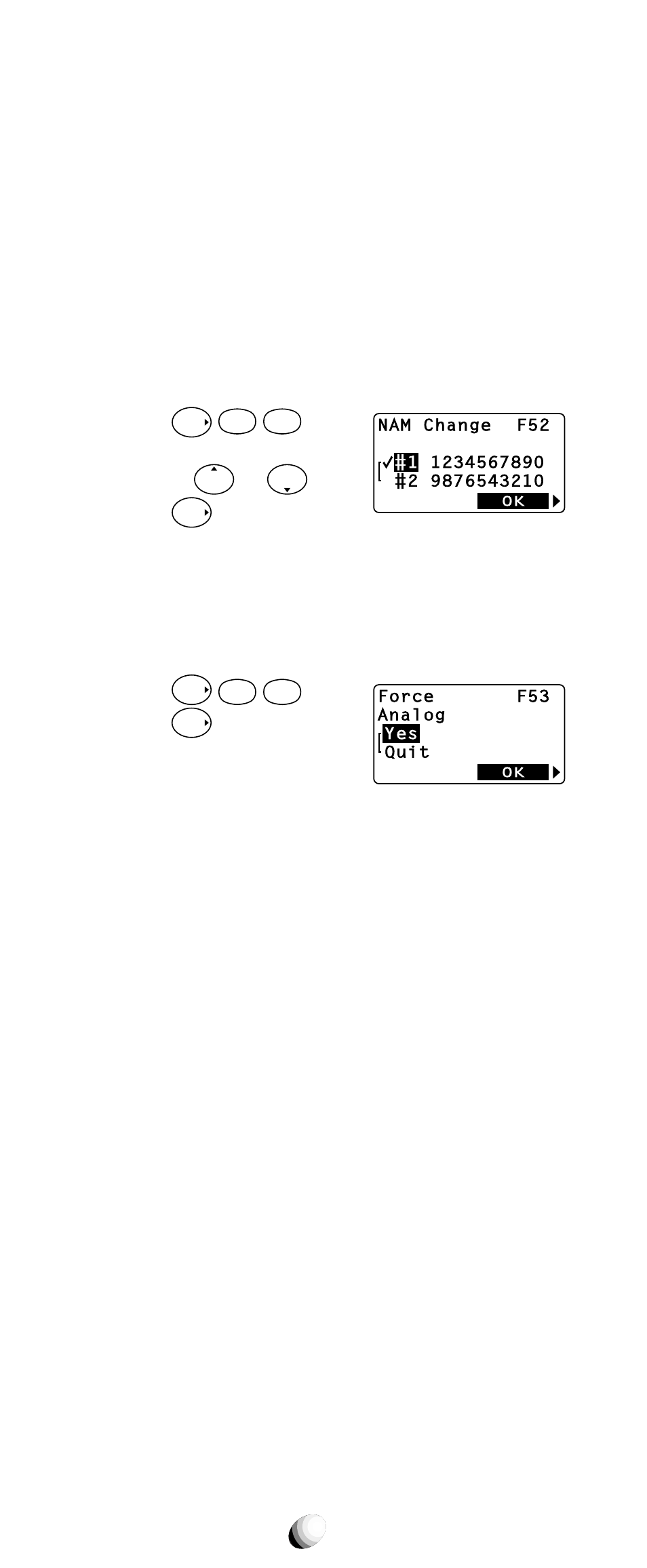 Nam selection (f52), Force analog call (f53), Press | You can change the current nam by or . 3. press, When scanning the analog mode | Audiovox CDM-9150X User Manual | Page 82 / 107