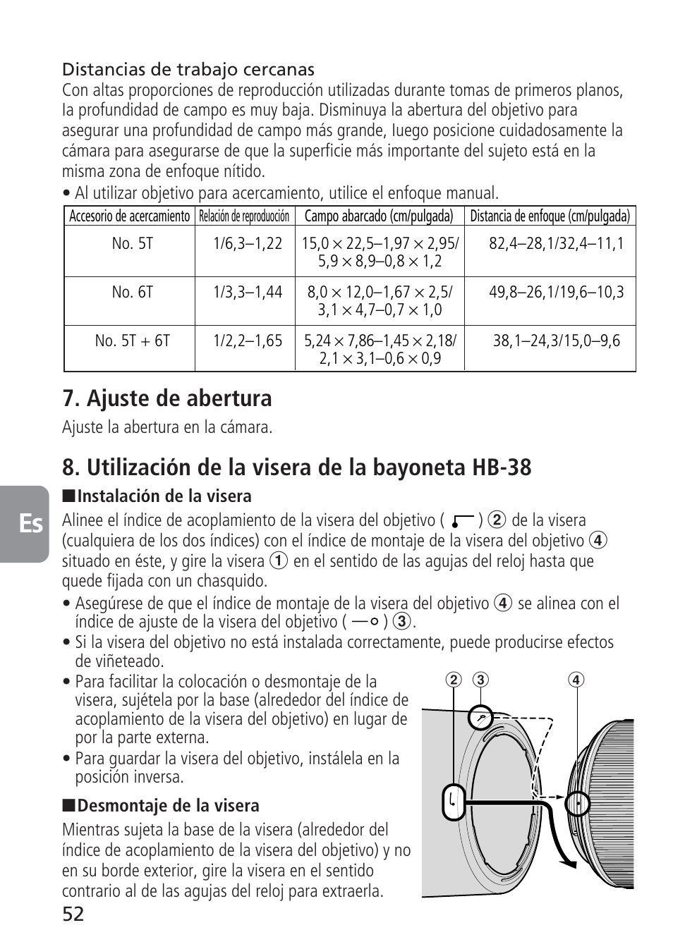 Ajuste de abertura, Utilización de la visera de la bayoneta hb-38 | Nikon 105mm-f-28G-IF-ED-AF-S-VR-Micro-Nikkor User Manual | Page 52 / 88