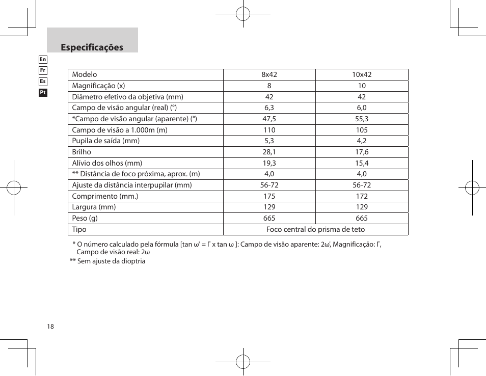 Especificações | Nikon PROSTAFF User Manual | Page 18 / 20
