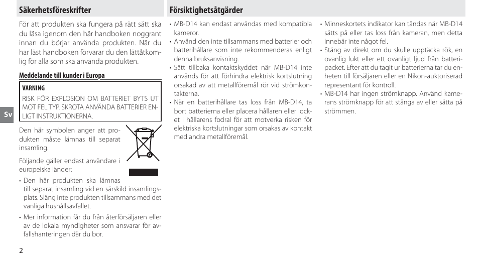 Säkerhetsföreskrifter, Meddelande till kunder i europa, Försiktighetsåtgärder | Nikon MB-D14 User Manual | Page 56 / 244