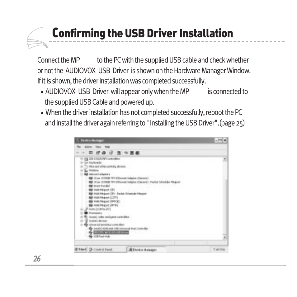 Onfirming the usb driver installation | Audiovox MP3128 User Manual | Page 29 / 44