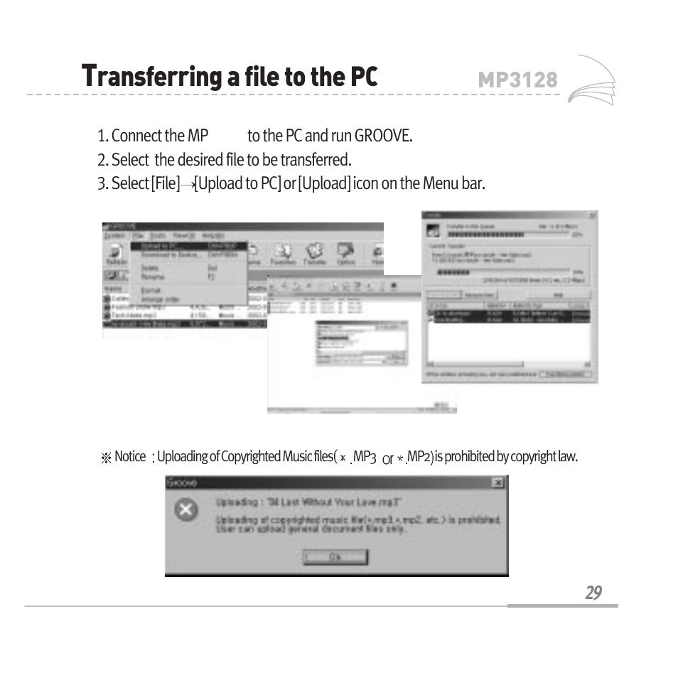 Ransferring a file to the pc, Mp3128 | Audiovox MP3128 User Manual | Page 32 / 44