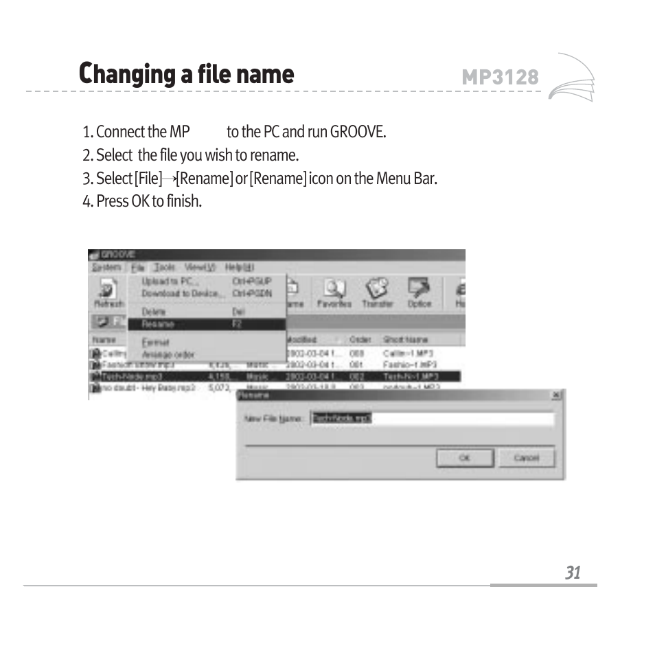 Hanging a file name | Audiovox MP3128 User Manual | Page 34 / 44