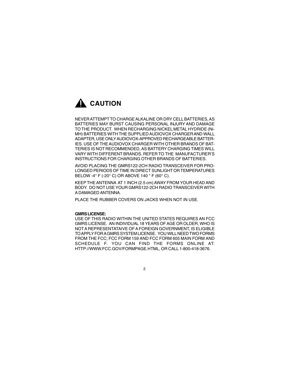Caution | Audiovox GMRS122-2CH User Manual | Page 2 / 24