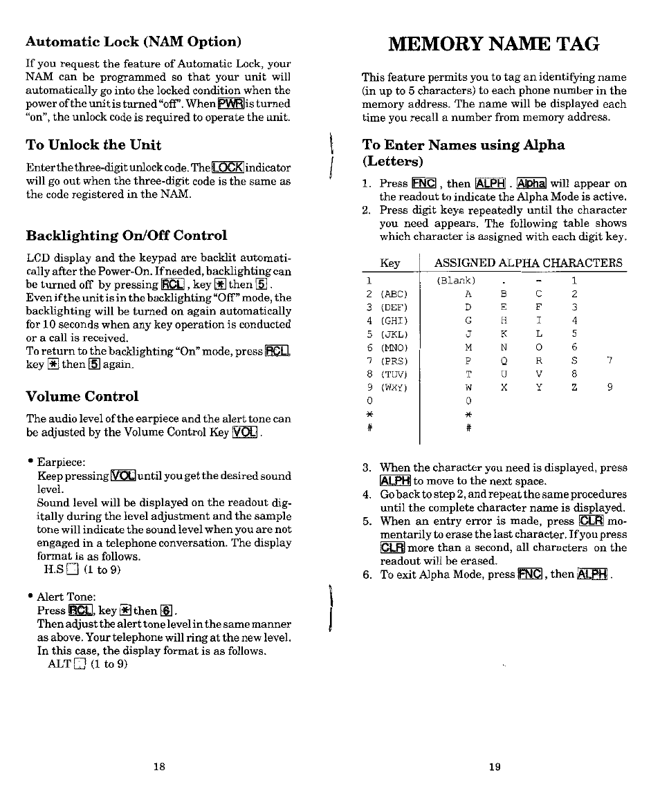 Automatic lock (nam option), To unlock the unit, Backlighting on/off control | Volume control, Memory name tag, To enter names using alpha (letters) | Audiovox MVX-500 User Manual | Page 10 / 18