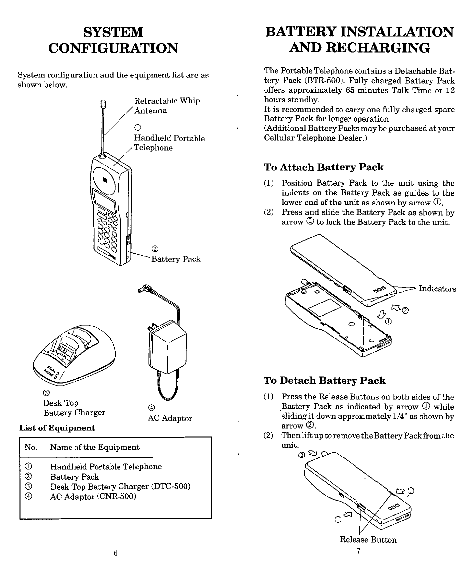 System, Configuration, Battery installation and recharging | To attach battery pack, To detach battery pack, System configuration | Audiovox MVX-500 User Manual | Page 4 / 18