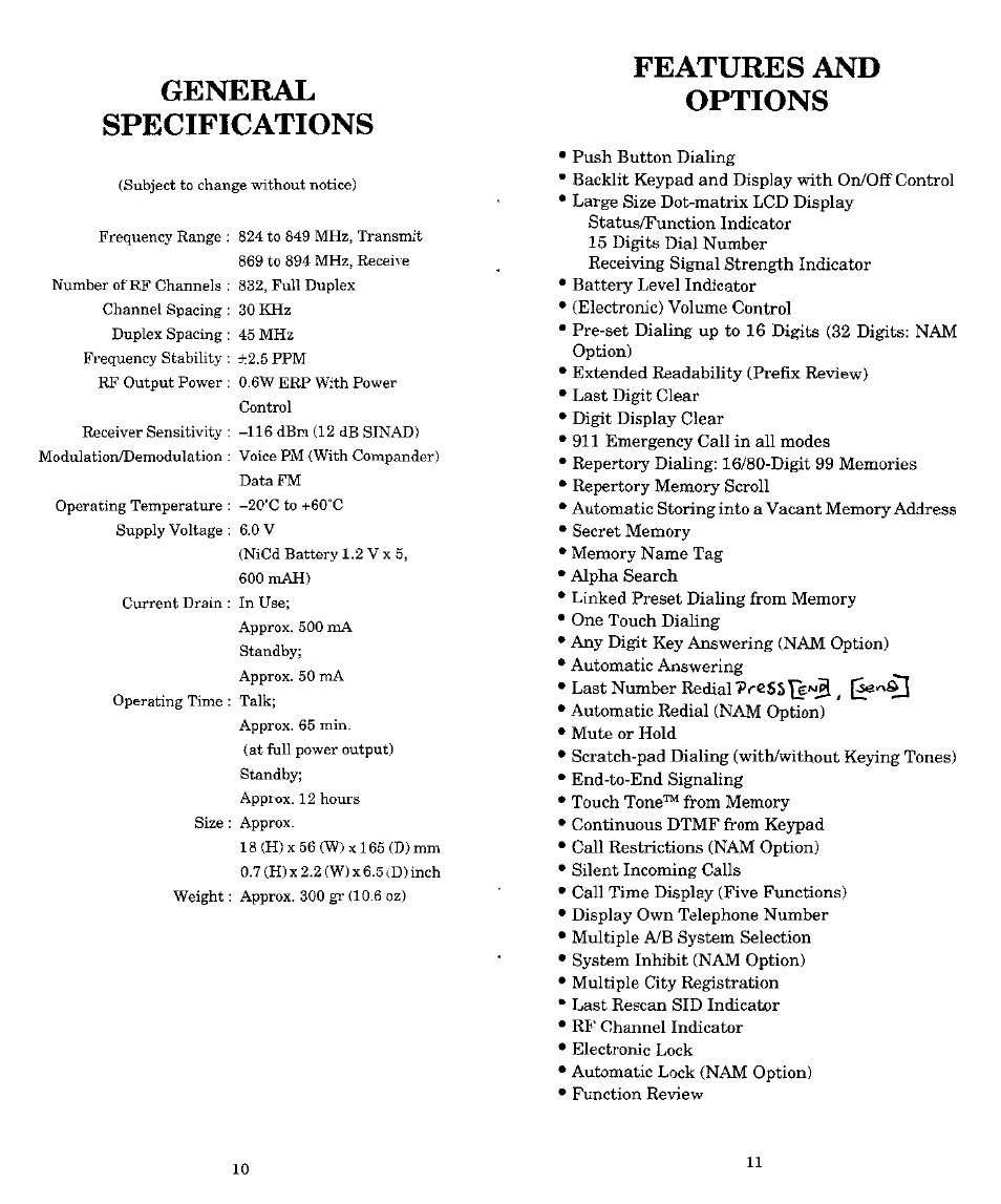 General, Specifications, Features and options | General specifications | Audiovox MVX-500 User Manual | Page 6 / 18