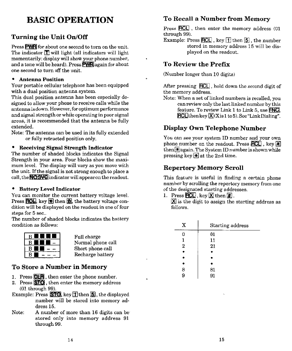 Turning the unit on/off, To recall a number from memory, To store a number in memory | To review the prefix, Display own telephone number, Repertory memory scroll, Basic operation | Audiovox MVX-500 User Manual | Page 8 / 18