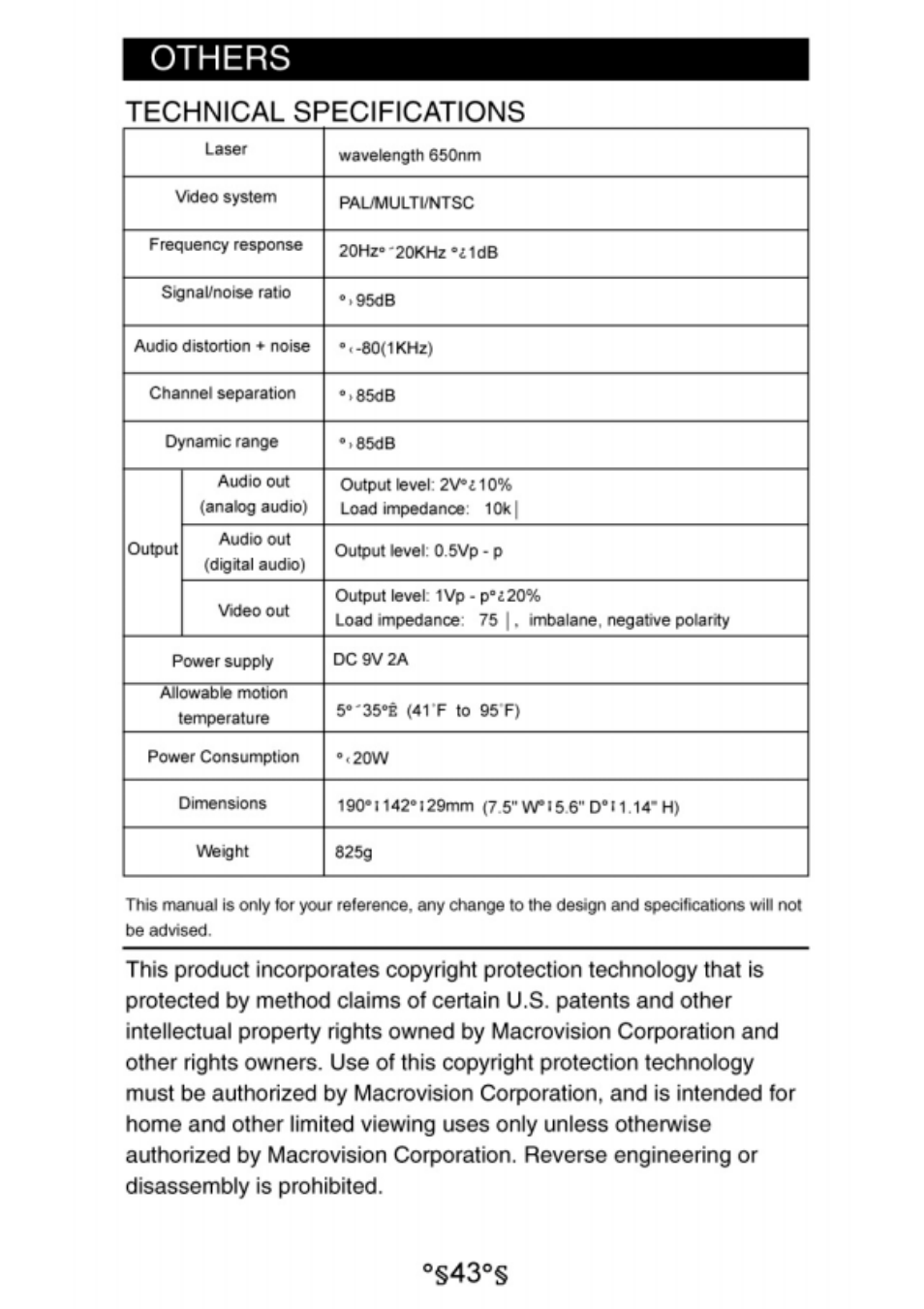Technical specifications, Others | Audiovox D1730 User Manual | Page 44 / 46