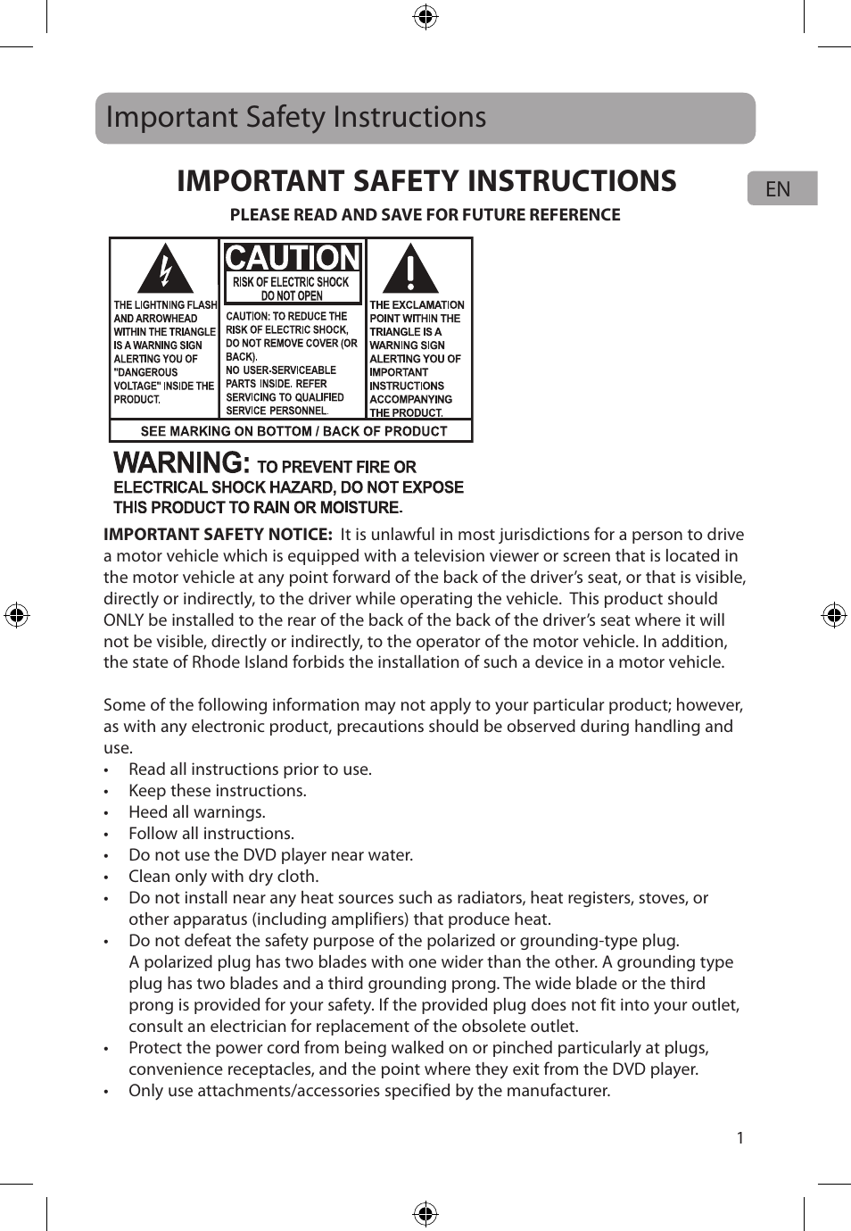 Important safety instructions | Audiovox FLO TV DFL710 User Manual | Page 2 / 48