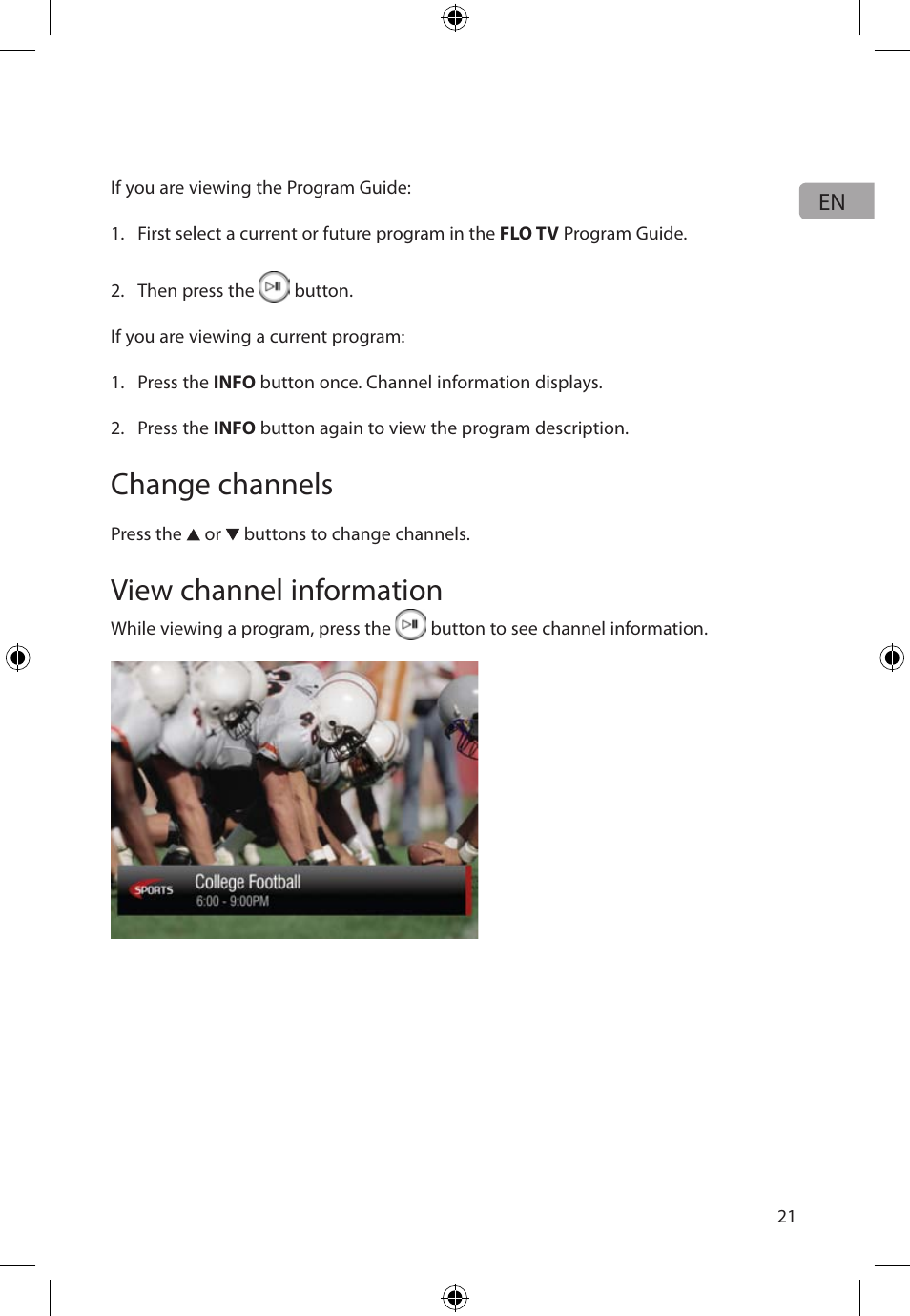 Change channels, View channel information | Audiovox FLO TV DFL710 User Manual | Page 22 / 48