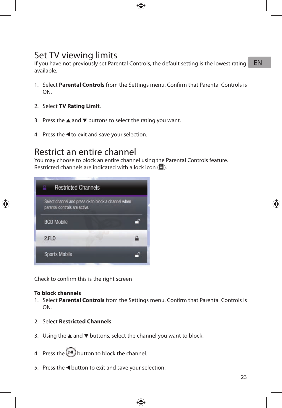 Set tv viewing limits, Restrict an entire channel | Audiovox FLO TV DFL710 User Manual | Page 24 / 48