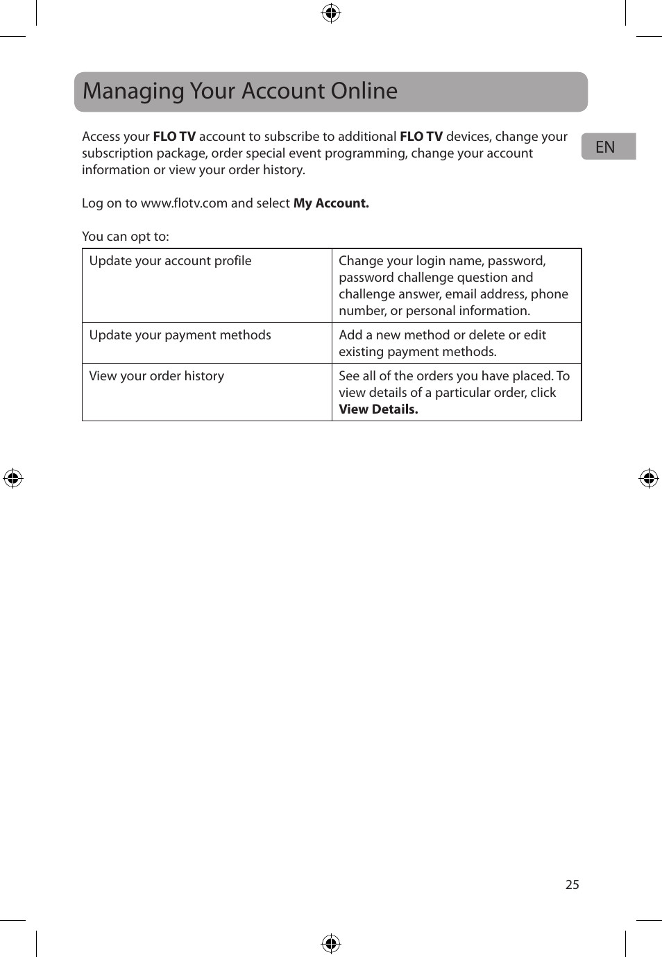 Managing your account online | Audiovox FLO TV DFL710 User Manual | Page 26 / 48