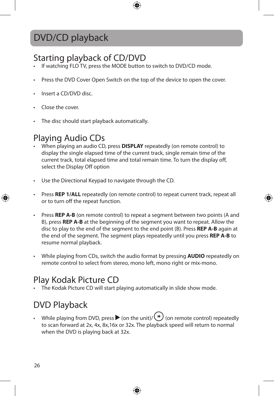 Dvd/cd playback, Starting playback of cd/dvd, Playing audio cds | Play kodak picture cd, Dvd playback | Audiovox FLO TV DFL710 User Manual | Page 27 / 48