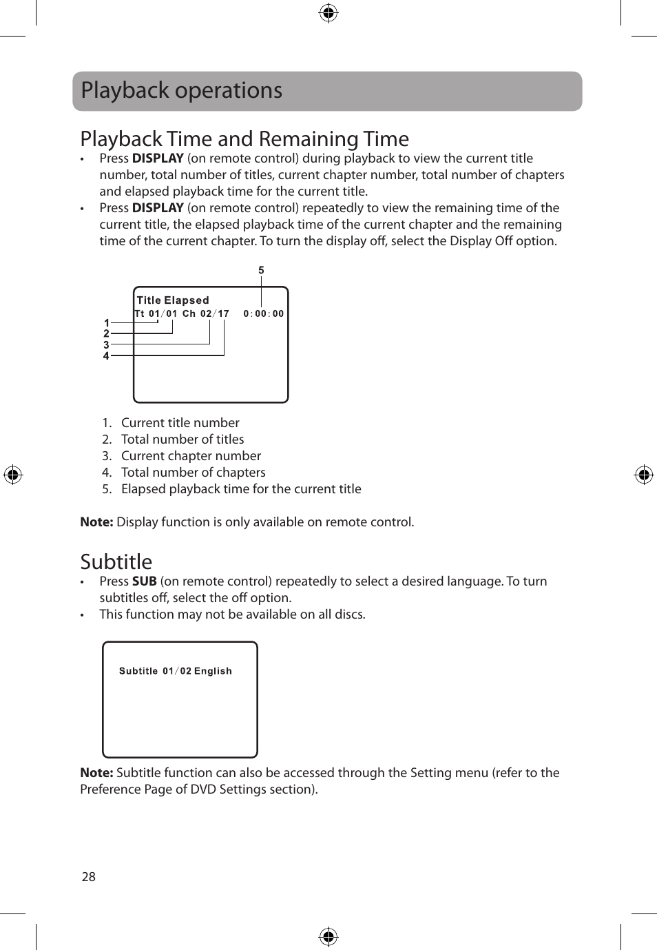 Playback operations, Playback time and remaining time, Subtitle | Audiovox FLO TV DFL710 User Manual | Page 29 / 48