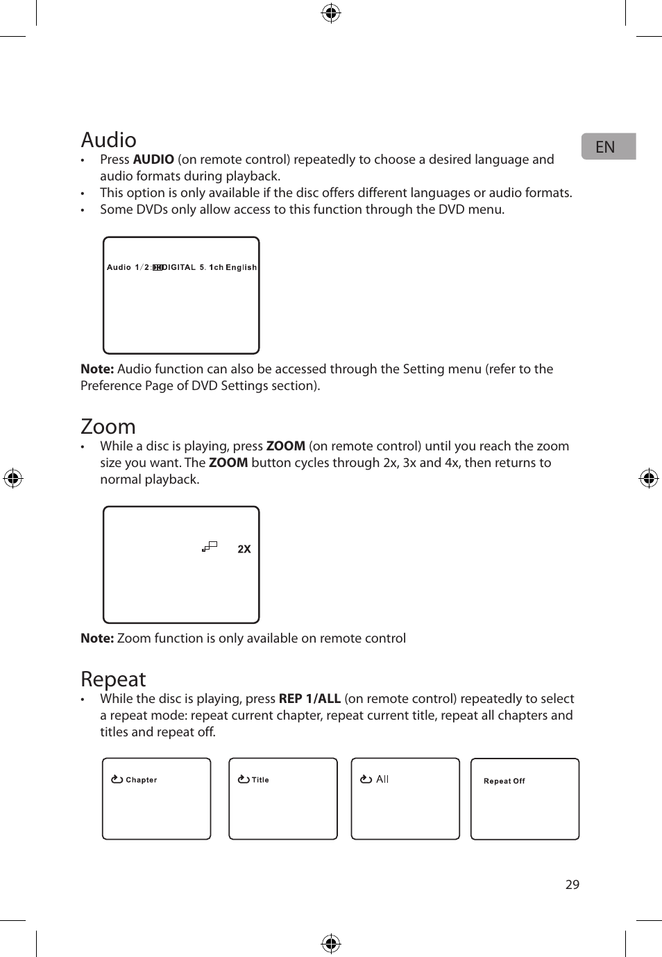 Audio, Zoom, Repeat | Audiovox FLO TV DFL710 User Manual | Page 30 / 48