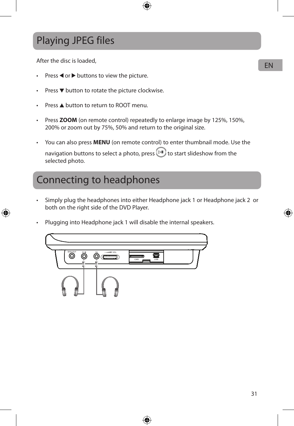 Playing jpeg files, Connecting to headphones | Audiovox FLO TV DFL710 User Manual | Page 32 / 48