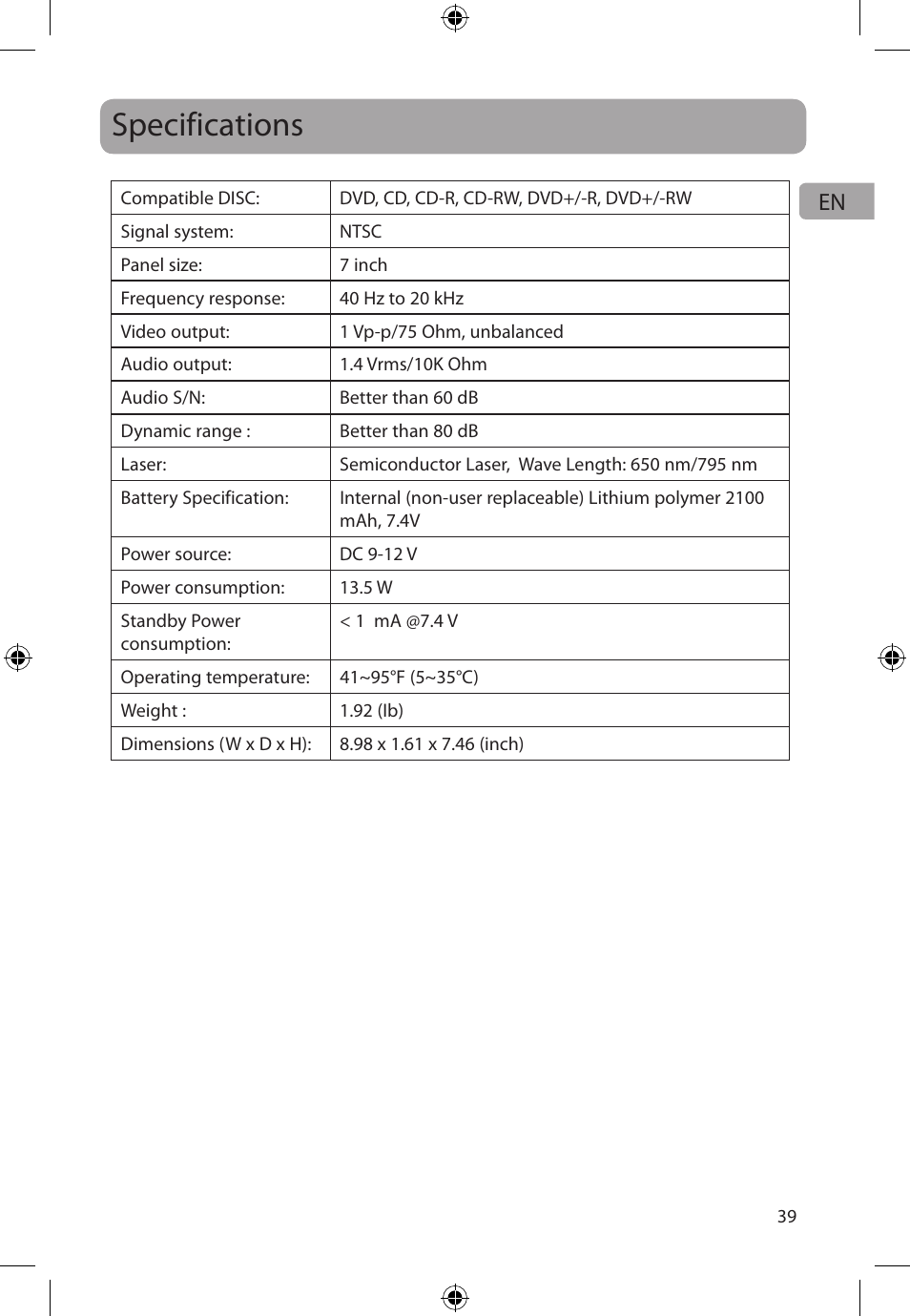 Specifications | Audiovox FLO TV DFL710 User Manual | Page 40 / 48