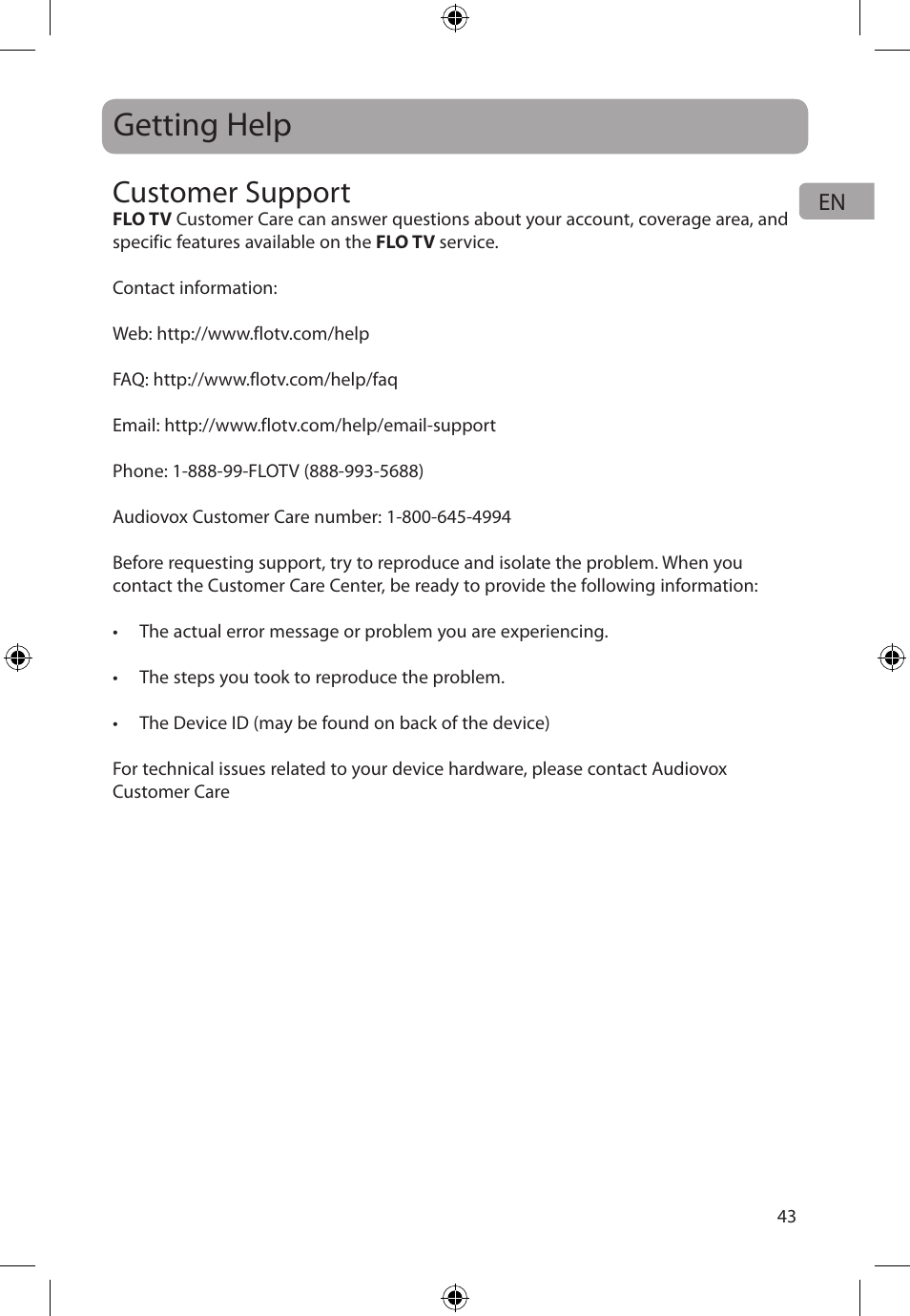 Getting help, Customer support | Audiovox FLO TV DFL710 User Manual | Page 44 / 48