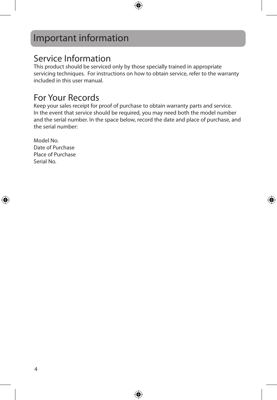 Important information, Service information, For your records | Audiovox FLO TV DFL710 User Manual | Page 5 / 48