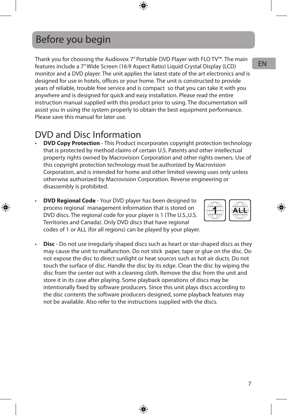 Before you begin, Dvd and disc information | Audiovox FLO TV DFL710 User Manual | Page 8 / 48