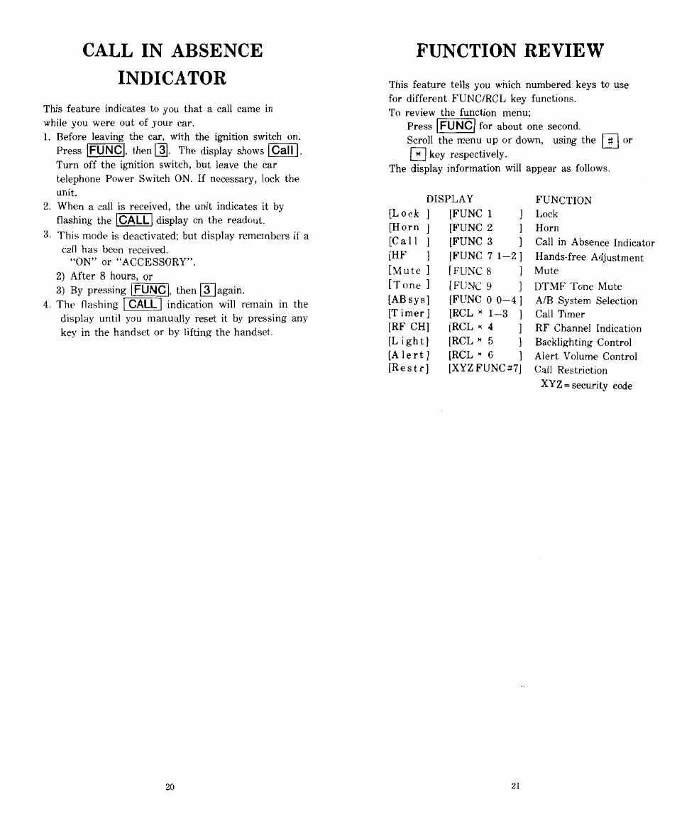 Call in absence indicator, Function review | Audiovox SP85 User Manual | Page 11 / 12